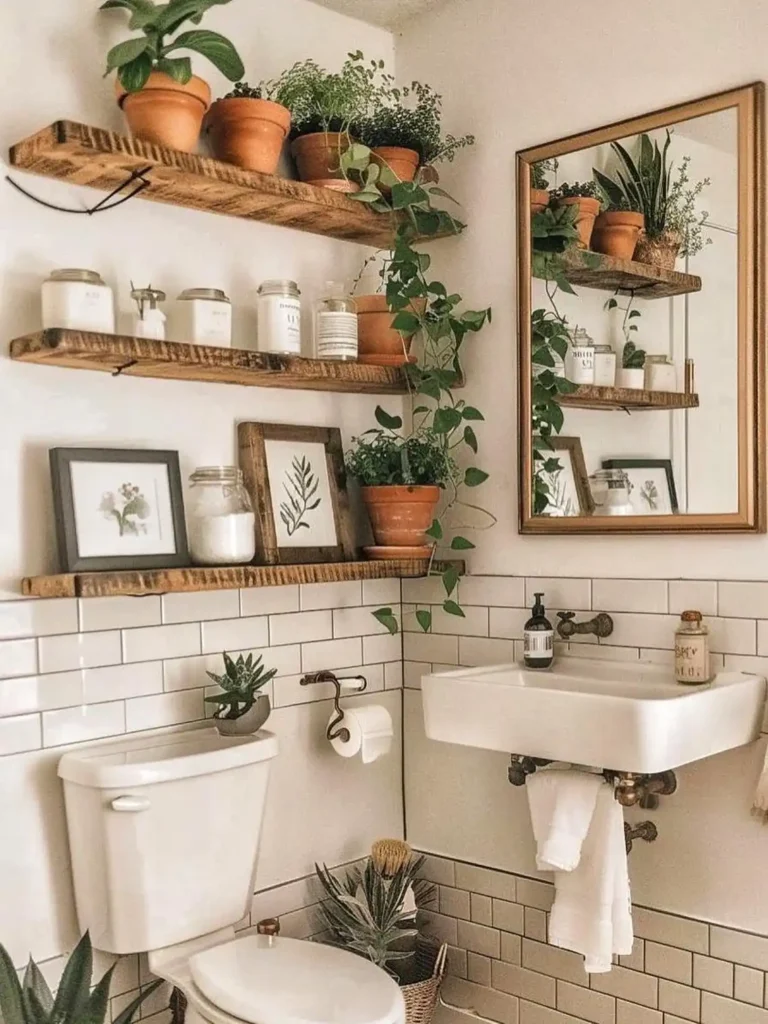 Rustic wood bathroom shelves filled with terracotta potted plants, glass jars, botanical prints, and trailing greenery.