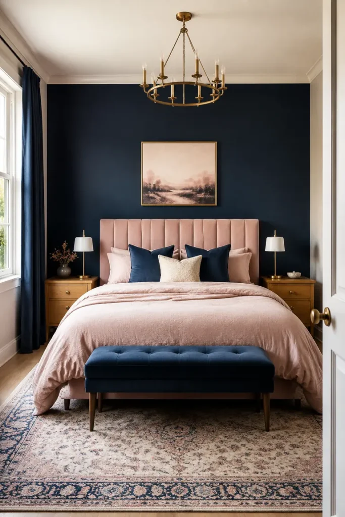 Soft pink bedding against a deep navy wall with dark blue accents.