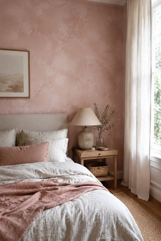 Soft pink limewash wall paired with relaxed gray linens, a dusty rose throw, and a rustic wood nightstand.