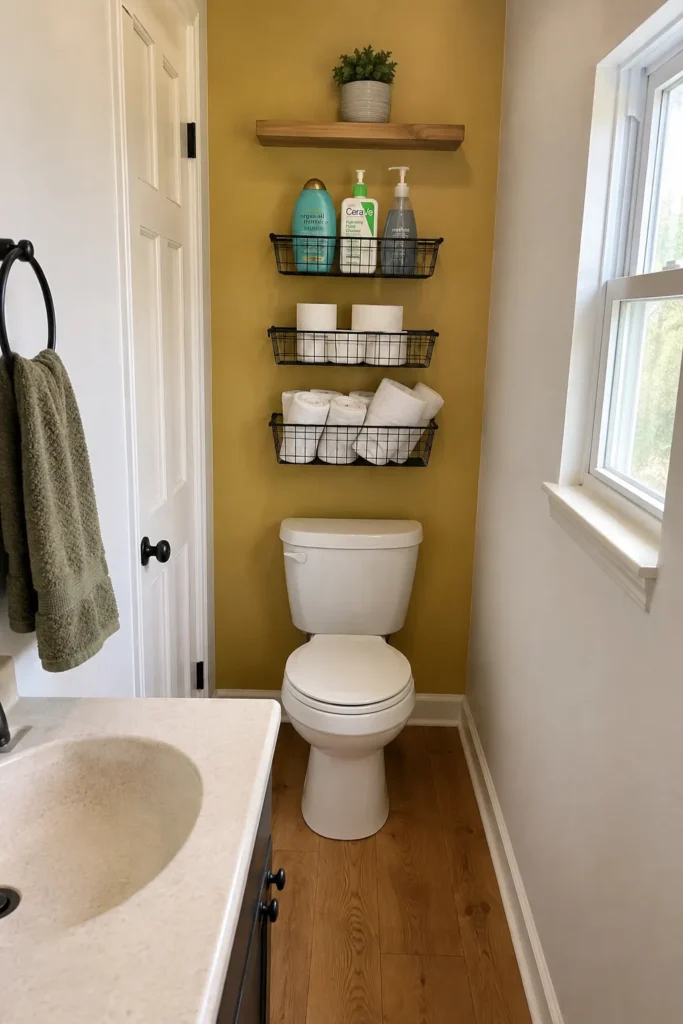 Black wall-mounted wire baskets above a toilet storing toiletries, toilet paper and rolled white washcloths