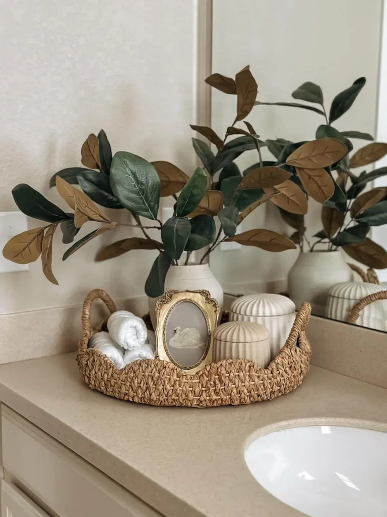 Woven bathroom tray with rolled washcloths, cream lidded jars, leafy stems and a vintage swan picture.