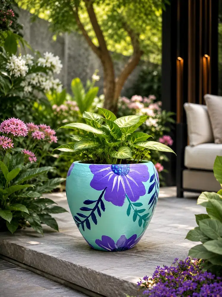 Aqua painted flower pot with large purple blooms and dark blue leafy branches in a lush garden