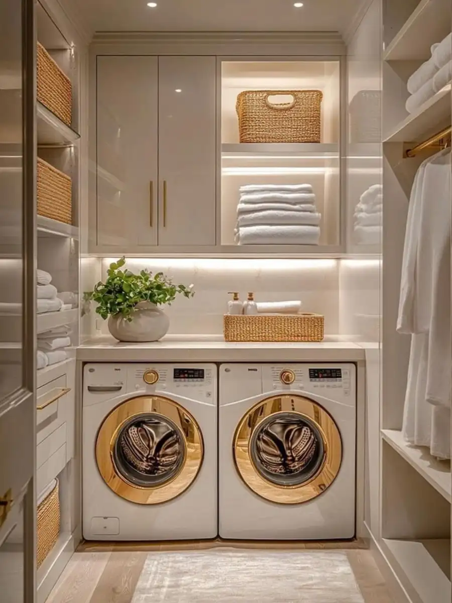 Compact laundry and wardrobe room with side-by-side washer and dryer, white cabinetry, open hanging storage, folded towels, wicker baskets, and warm lighting.