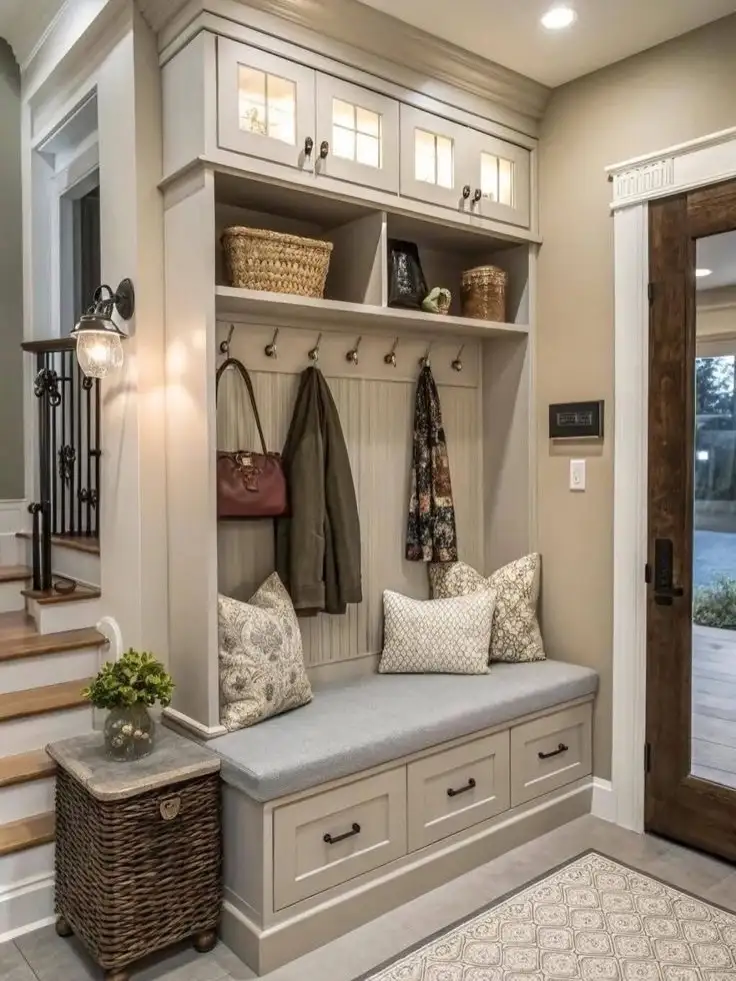 Built-in entryway bench with drawers, wall hooks, upper cabinets, open shelf, and storage baskets
