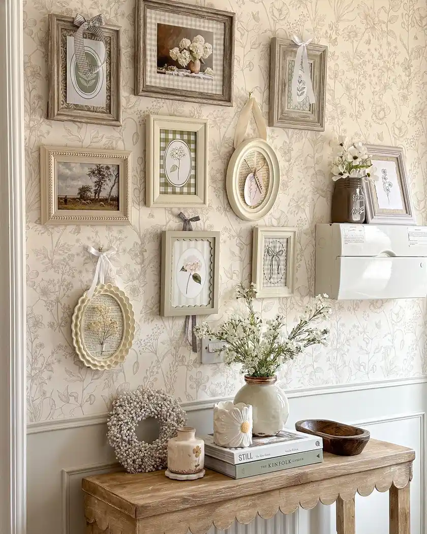 Cottage hallway with floral wallpaper, scalloped wood console, botanical prints, gingham details, and vintage decor