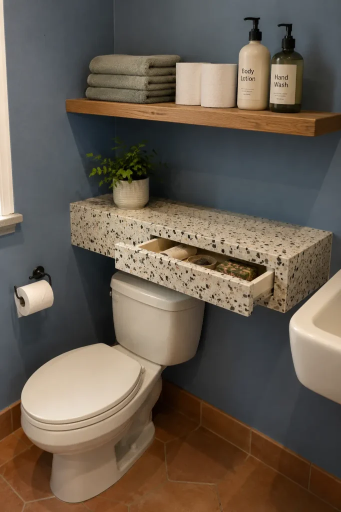 Floating terrazzo drawer above a toilet with hidden storage and wood shelf for towels and bathroom supplies
