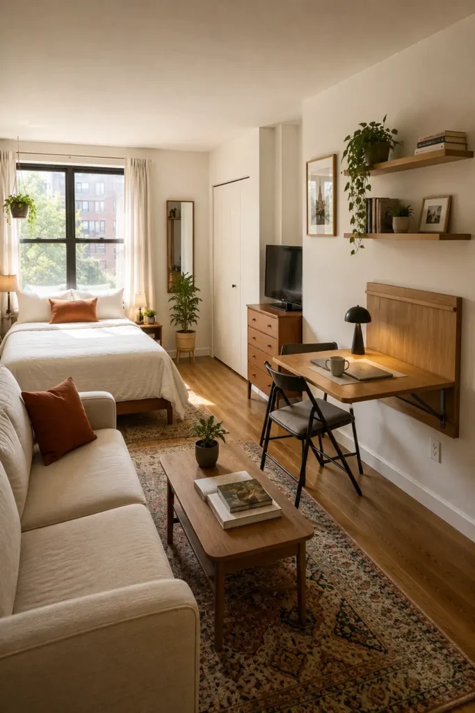 Narrow studio apartment with a space saving fold-down wall desk between the sleeping and living areas.