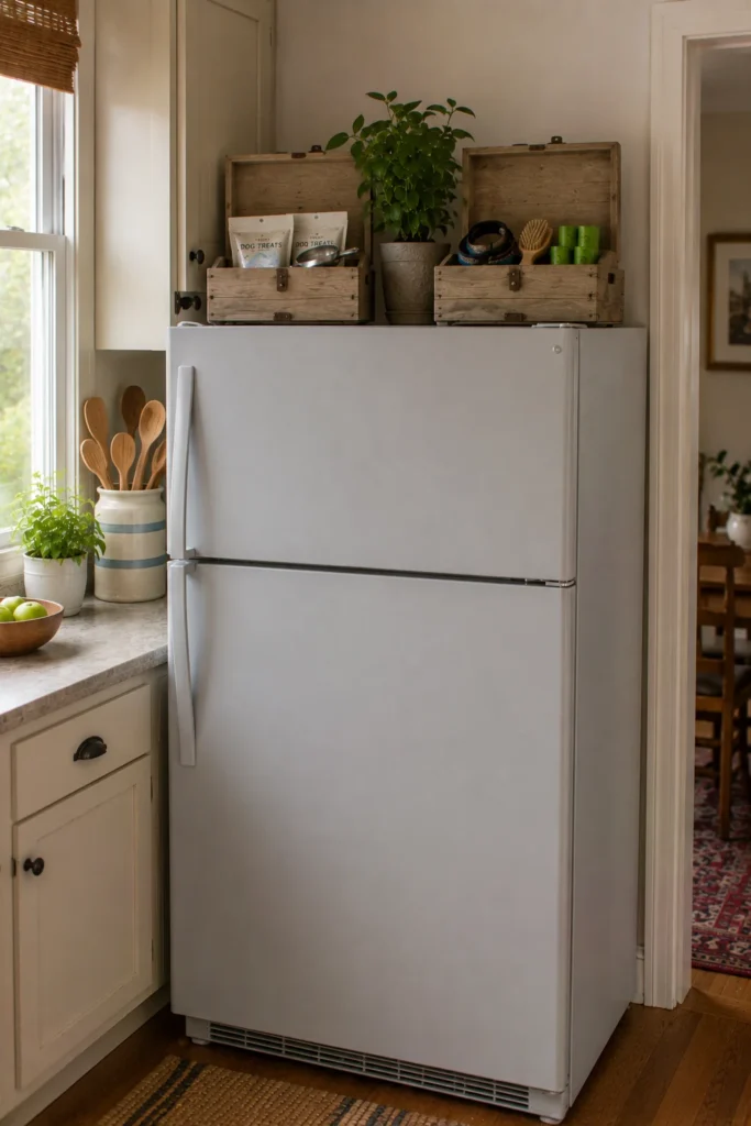 Refrigerator topped with wooden boxes storing pet treats, walking accessories, grooming supplies, and a small plant.