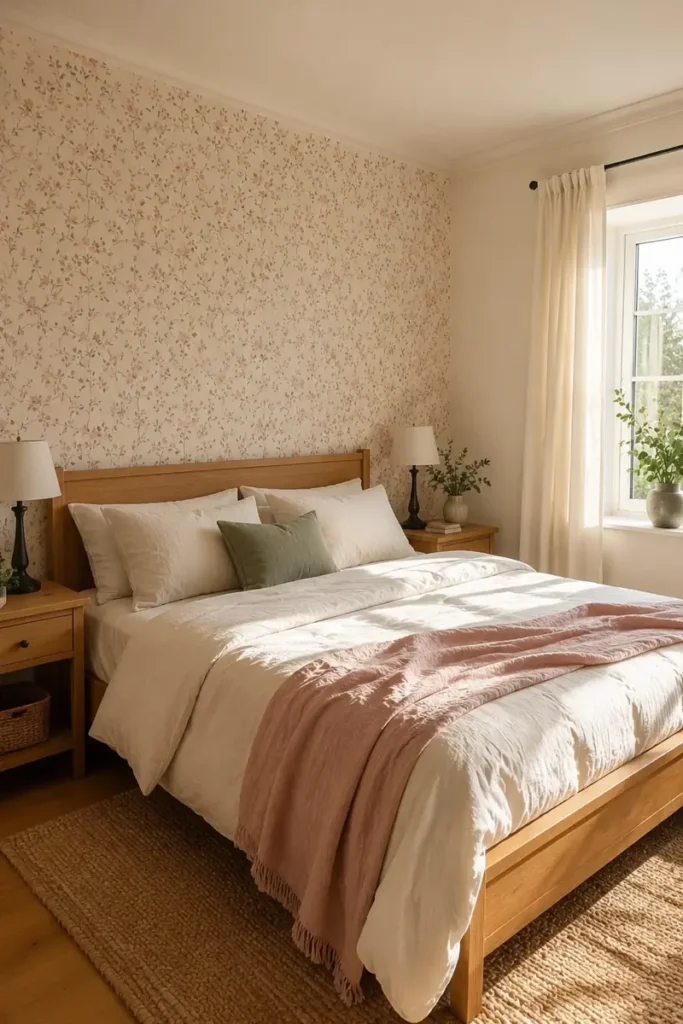 Delicate pink botanical wallpaper behind a light oak bed with white bedding and a soft blush throw.