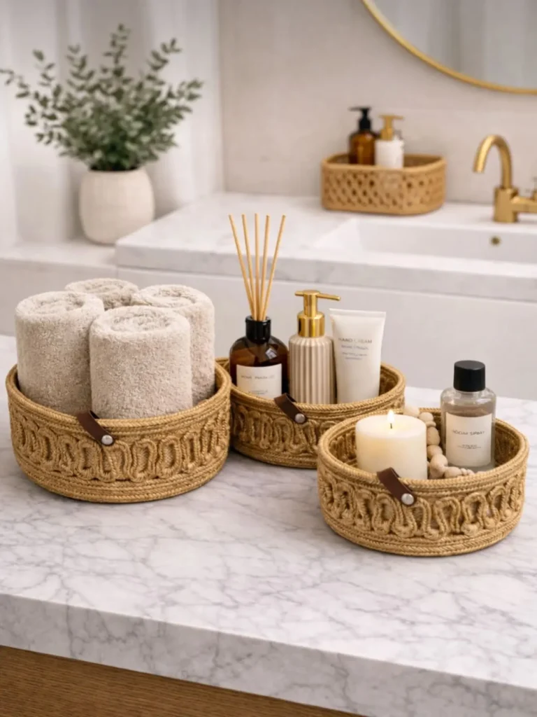 Three matching woven baskets organizing rolled towels, hand-care products, a diffuser, candle and room spray.
