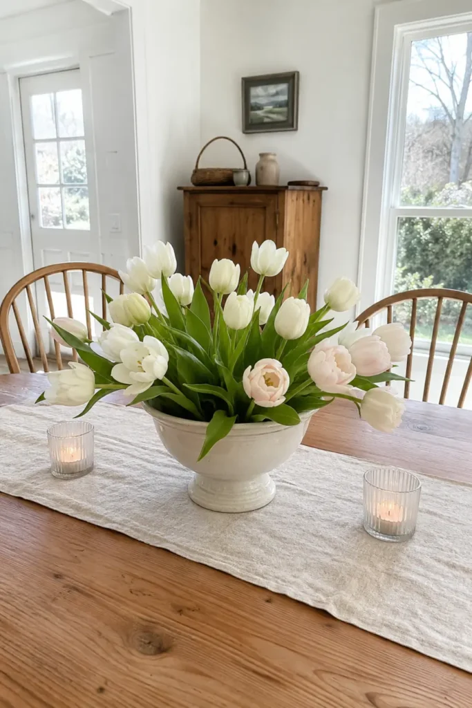 White and blush tulips arranged in a cream footed bowl between two small glass votive holders.