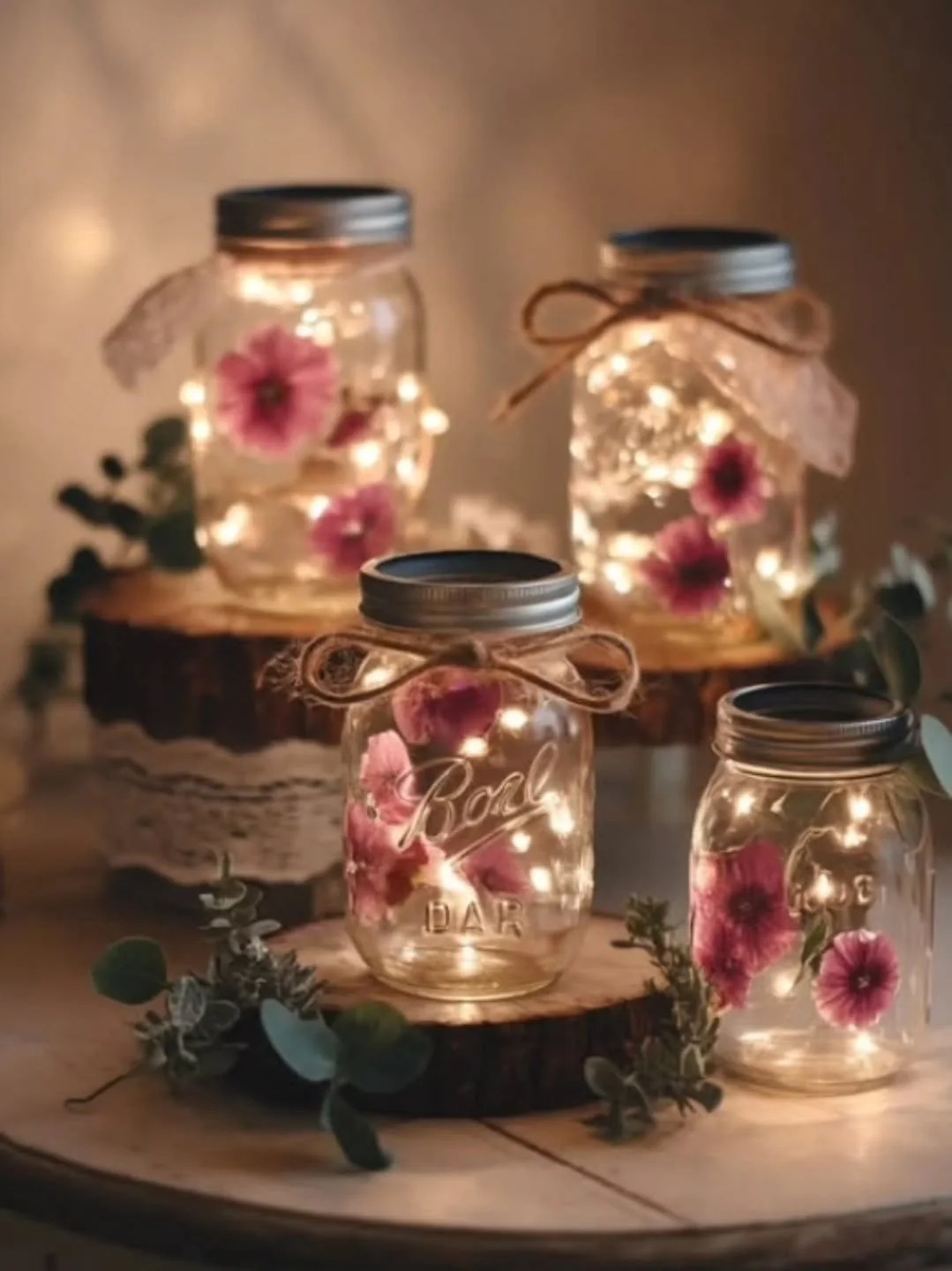 Glowing mason jars decorated with pink floral details, twine bows, greenery, and warm fairy lights