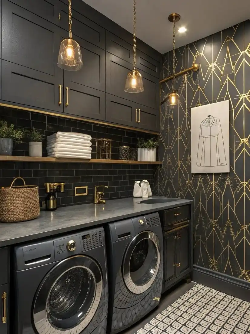 Bold black laundry room with dark cabinets, gold hardware, patterned wallpaper, open shelf, sink, and front-loading washer and dryer.