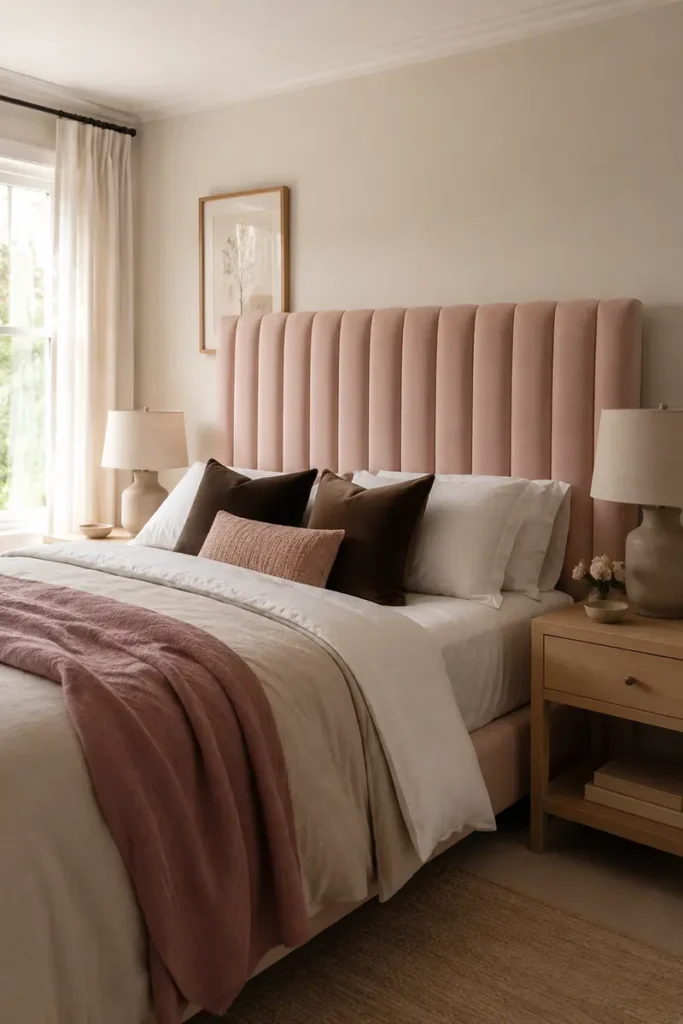 Blush channel-tufted headboard with crisp white bedding, rose pillows, and a dusty pink linen throw.