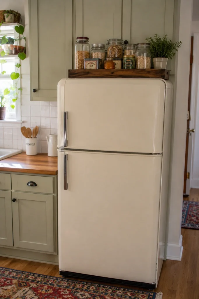 Refrigerator topped with a wooden breakfast tray holding cereal jars, grains, tea, coffee, and a small green plant.