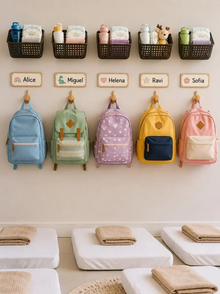 Colorful personalized backpack station with name labels, individual hooks, and matching wall baskets above each bag.