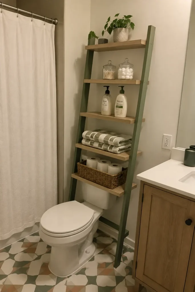 Sage green ladder shelf over a toilet with wood shelves holding towels, toiletries, jars and toilet paper
