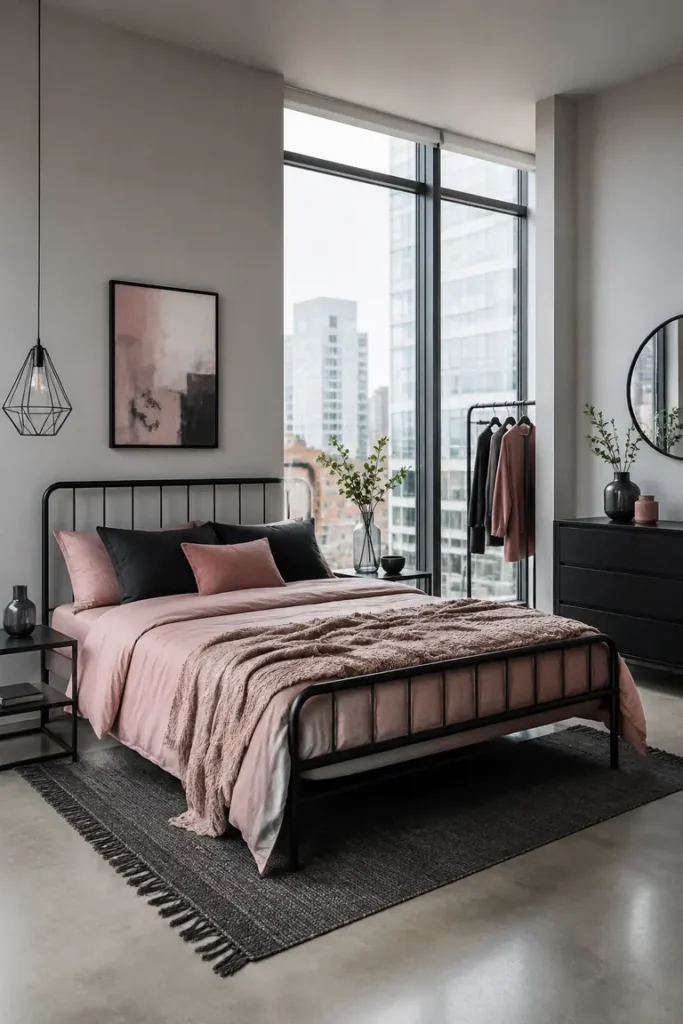 Modern rose pink bedroom with a matte black metal bed and furniture.
