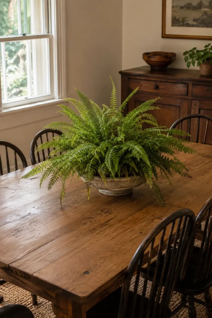 Full green fern planted in a low stone bowl at the center of a rustic wooden dining table.