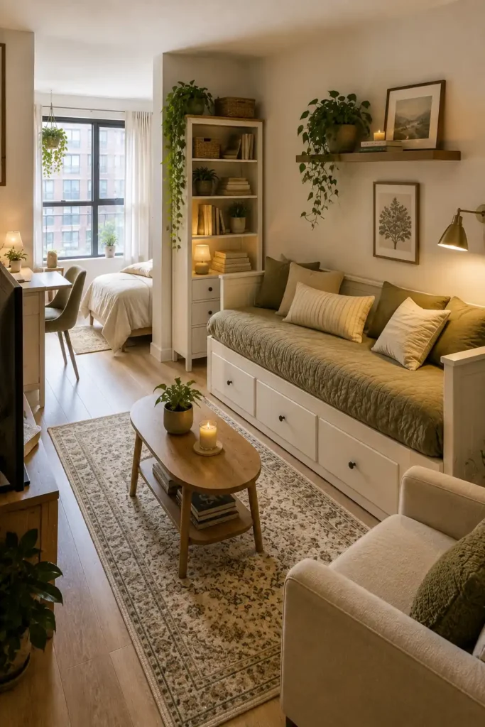 Cozy studio apartment with a daybed featuring built-in drawers, tall shelving, and a separate sleeping area.