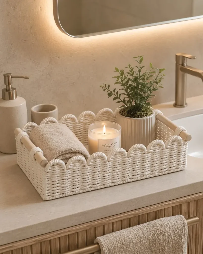White scalloped woven basket holding a folded beige towel, candle and small potted plant on a bathroom vanity.