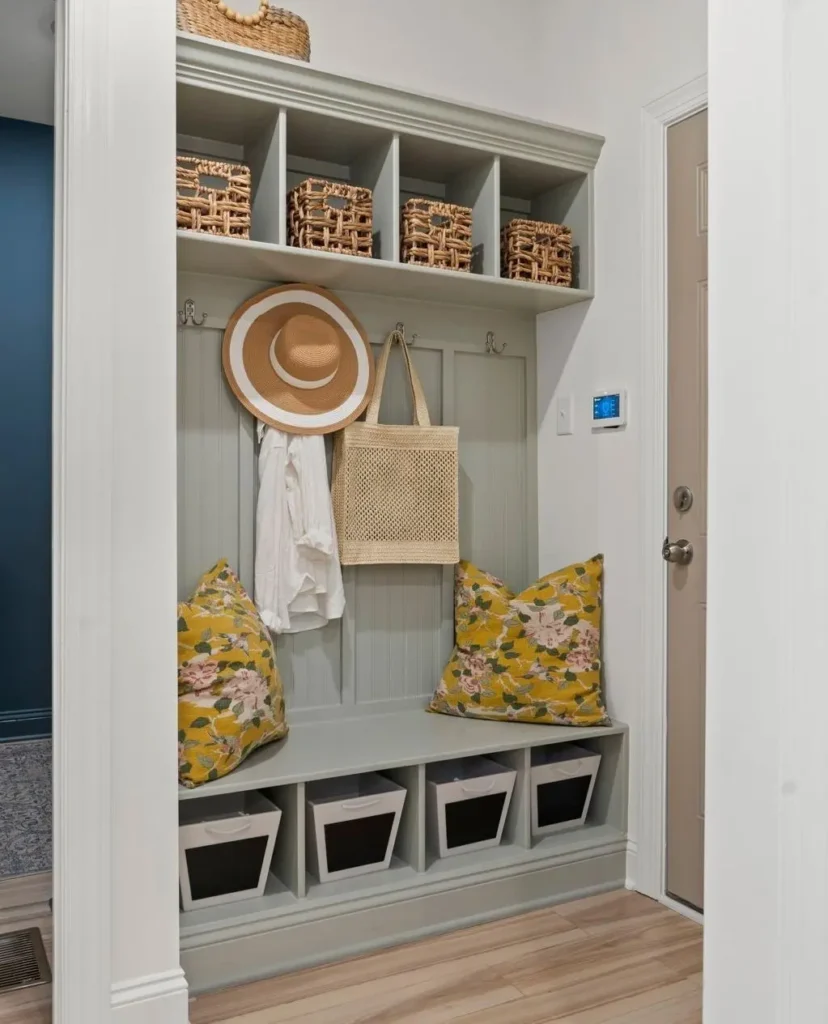 Compact entryway nook with a bench, floral cushions, wall hooks, woven baskets, and labeled shoe bins.