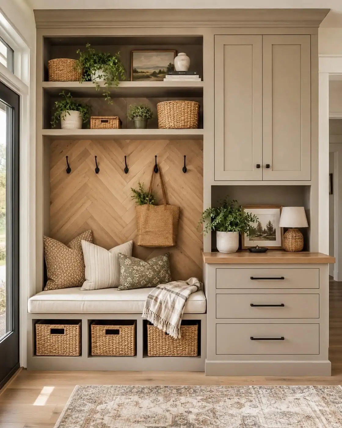 Built-in entryway storage with bench, hooks, woven baskets, drawers, shelves, and tall cabinets
