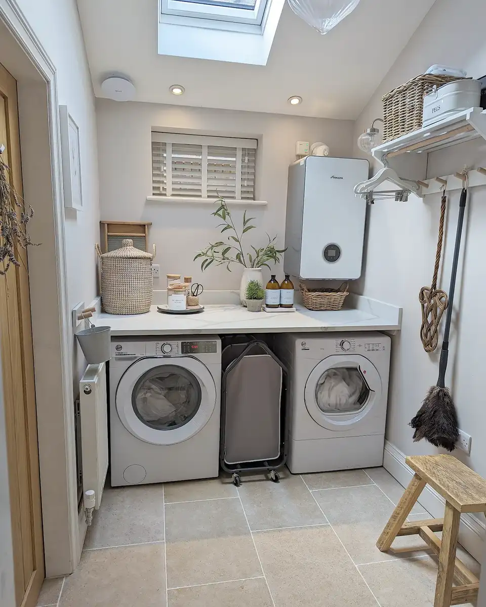 Small practical laundry room with washer and dryer under a long folding counter, wall-mounted hanging rail, baskets, cleaning tools, and skylight.