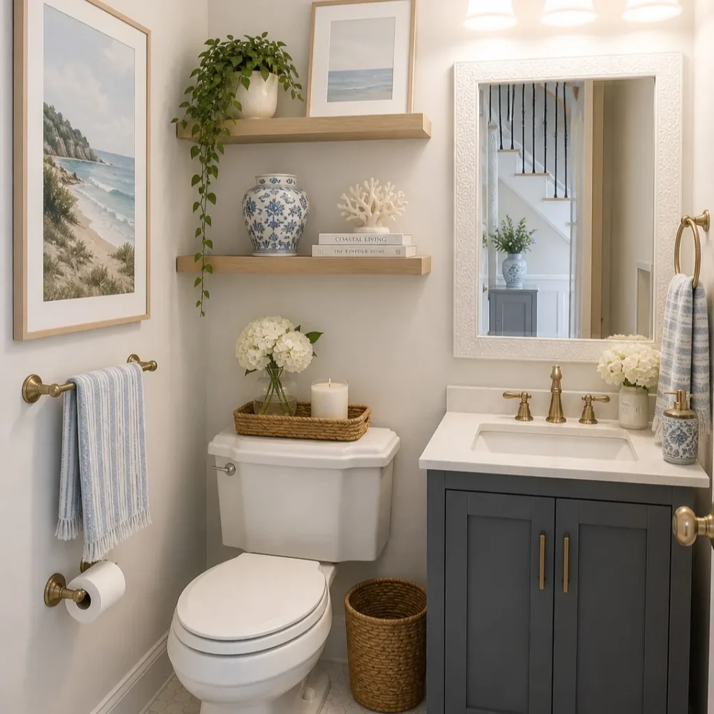 Coastal bathroom floating shelves with pale wood, blue-and-white ceramic decor, seaside art, books, coral accent, and greenery.