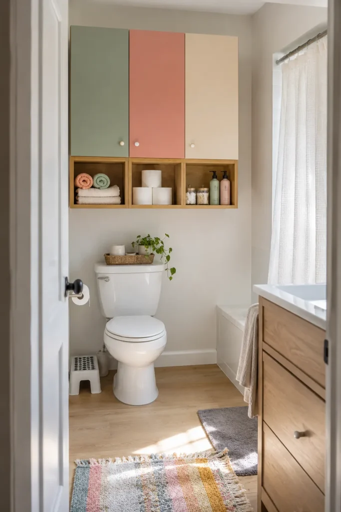 Pastel color-blocked bathroom cabinet above a toilet with open wood cubbies for towels, rolls and toiletries