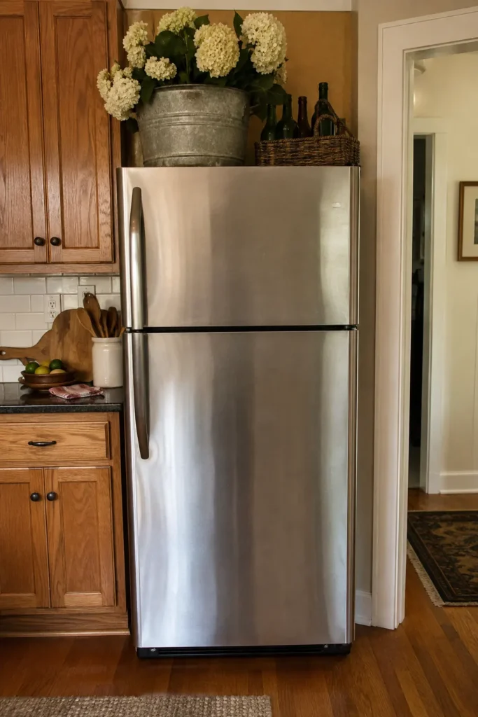 Stainless steel refrigerator topped with a galvanized bucket of white flowers and a woven basket of bottles.