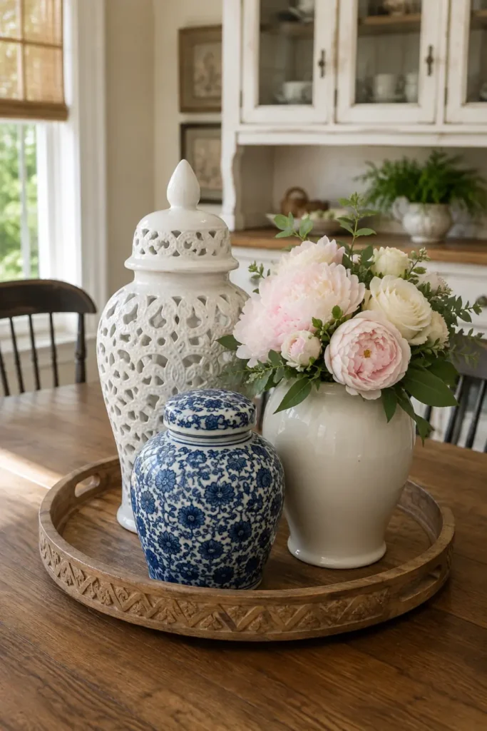 Carved wooden tray holding a pierced white jar, blue and white ginger jar, and blush flower arrangement.