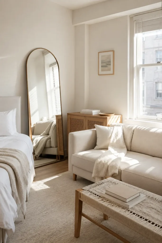 Bright neutral studio apartment with a tall floor mirror reflecting natural window light beside a compact sofa.