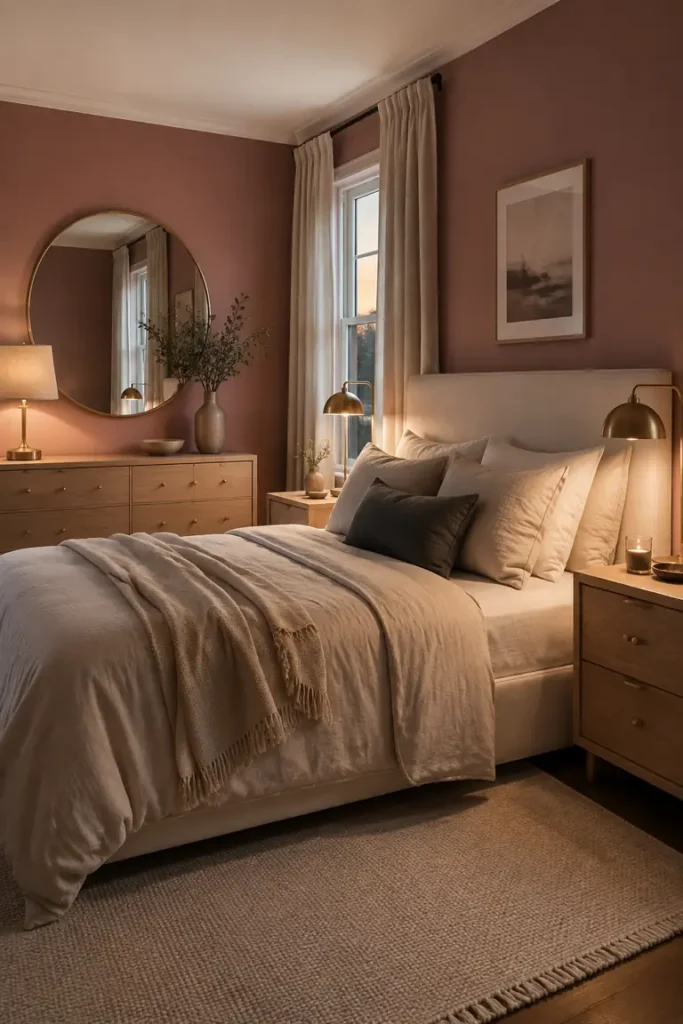 Rose pink bedroom with brass lamps and warm evening lighting.