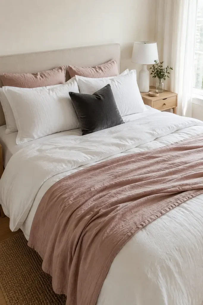 Crisp white bed styled with a dusty rose linen throw, pale pink pillows, and one charcoal accent cushion.