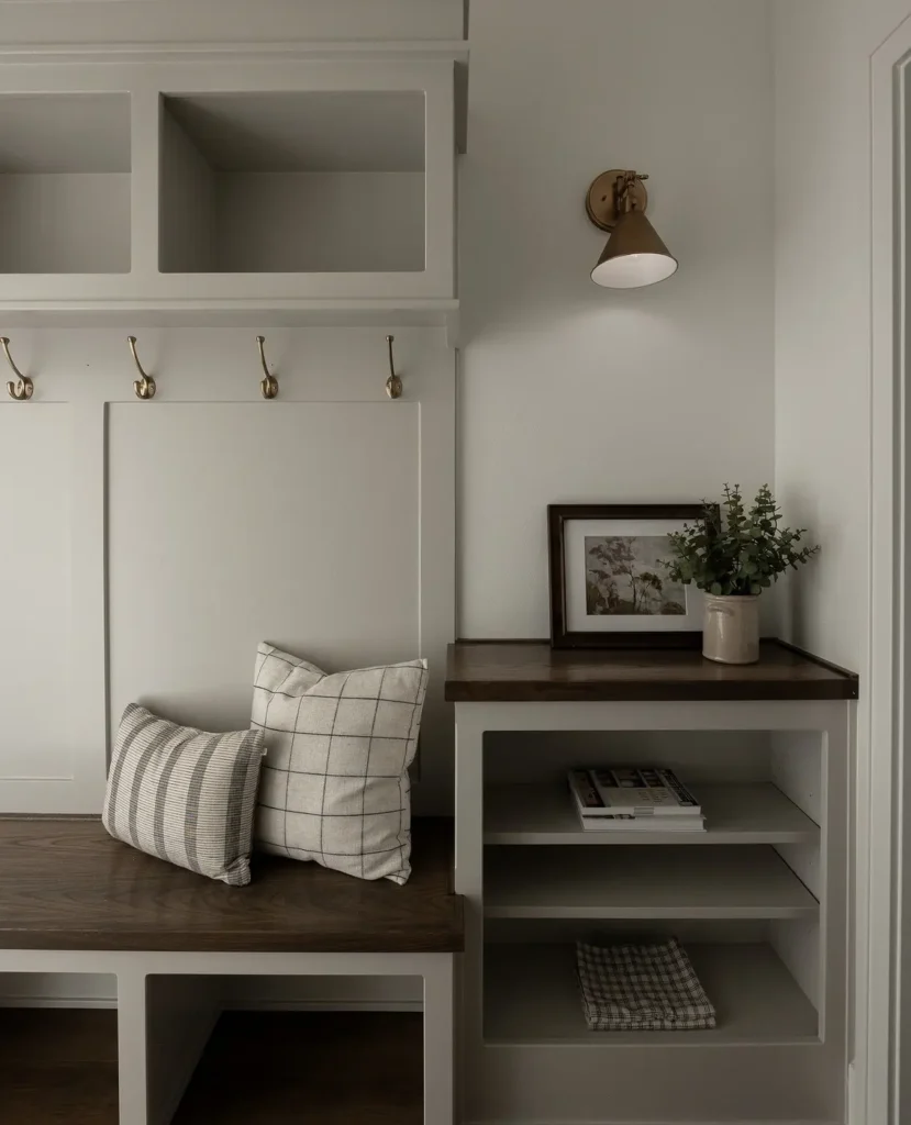 White drop zone with a dark wooden bench, brass hooks, side shelves, and a wall-mounted light.