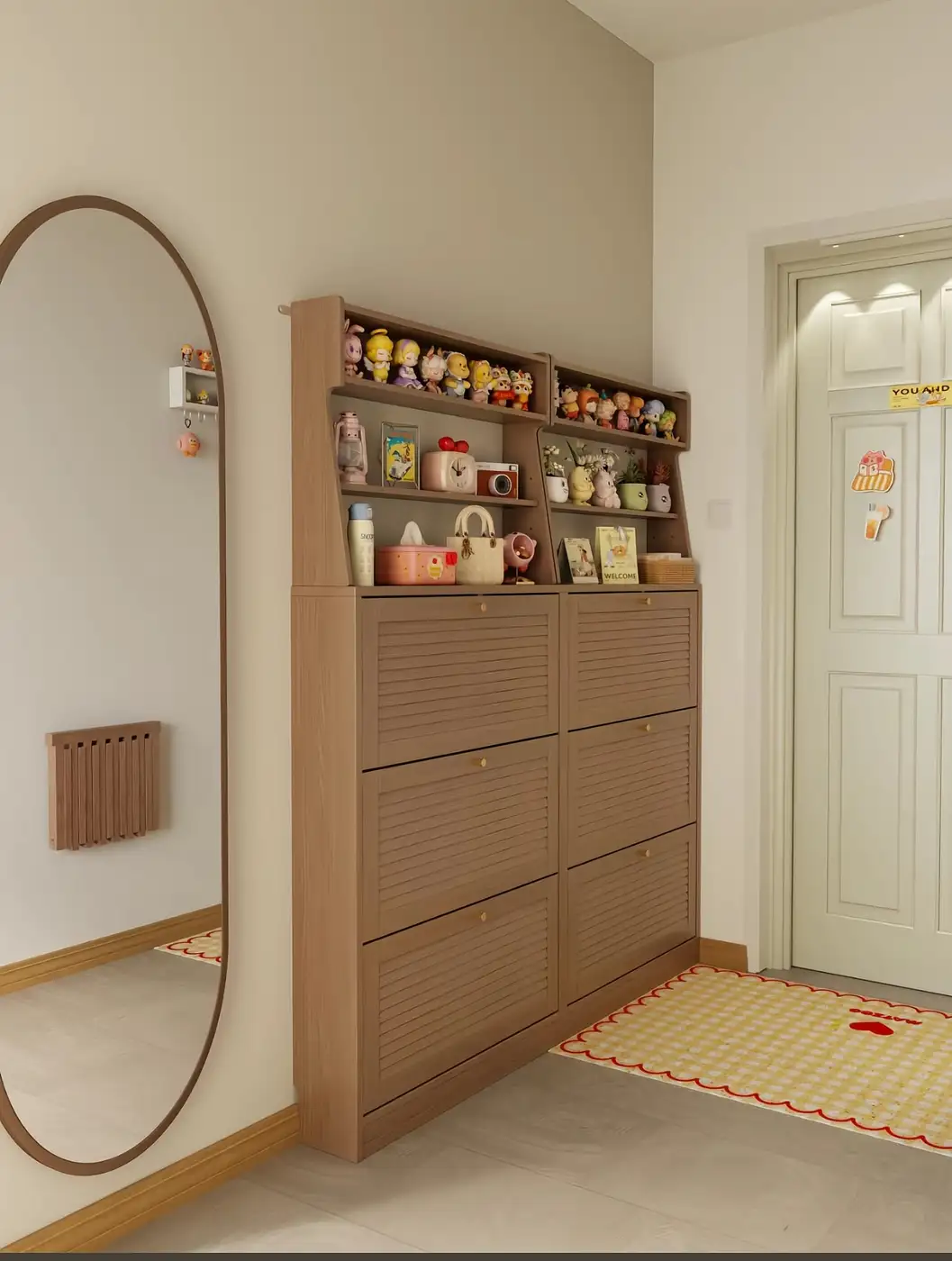 Tall closed entryway cabinet with open wall shelves, decor, and full-length mirror