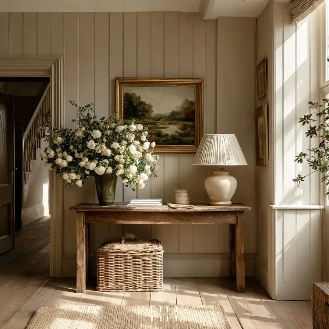 Warm neutral hallway with rustic wood console, woven basket, oversized flowers, landscape art, and beige lamp