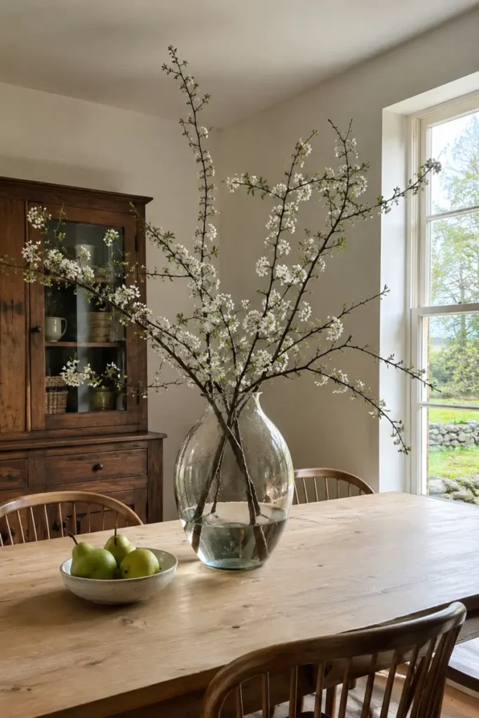 Large clear glass vase filled with white flowering branches beside a small bowl of green pears.