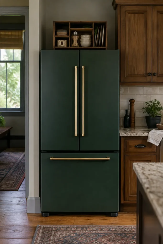 Refrigerator topped with a divided wooden cubby storing coasters, bowls, appetizer picks, serving pieces, and greenery.