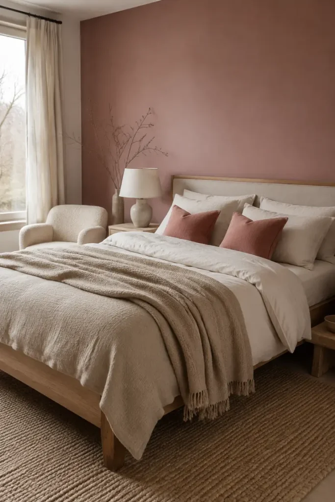 Rose pink bedroom softened with oatmeal linen and beige textiles.