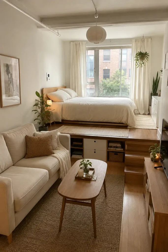 Small studio apartment with a raised bed platform, built-in storage drawers, and a living area below.