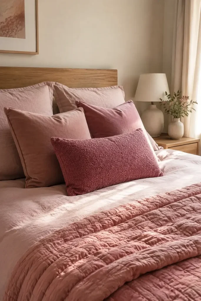 Tonal pink bed layered with velvet cushions, linen bedding, and a textured bouclé-style throw.