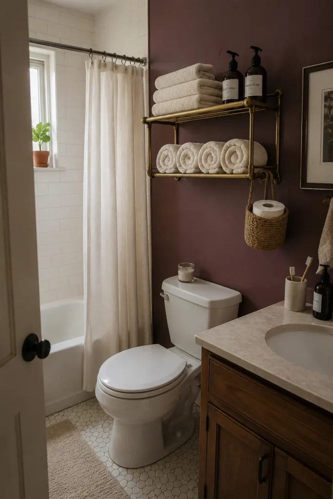 Vintage brass wall rack above a toilet with folded and rolled towels plus hanging toilet paper basket