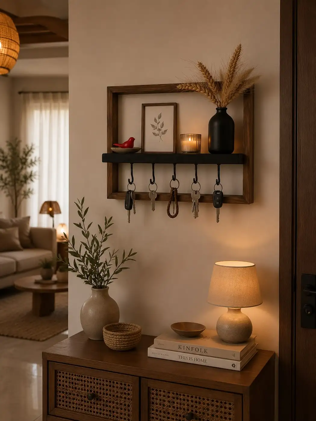 Wall-mounted entryway key organizer with hooks and shelf above a cane-front storage cabinet