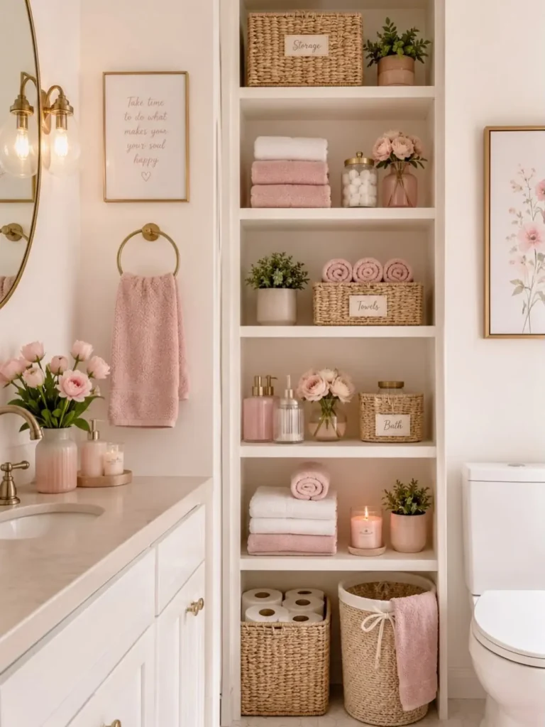 Open bathroom shelving with folded towels, labeled woven baskets, bath products, rolled washcloths, and simple decorative accents.