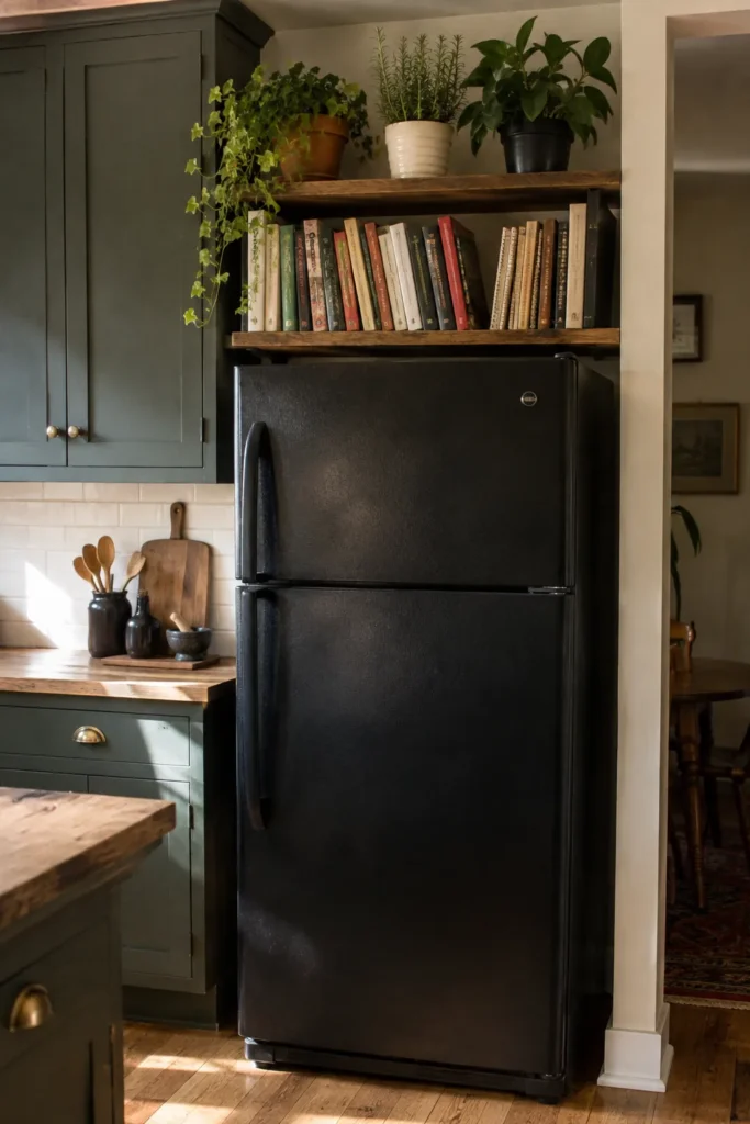 Black refrigerator beneath wooden wall shelves filled with colorful cookbooks and several potted green plants.