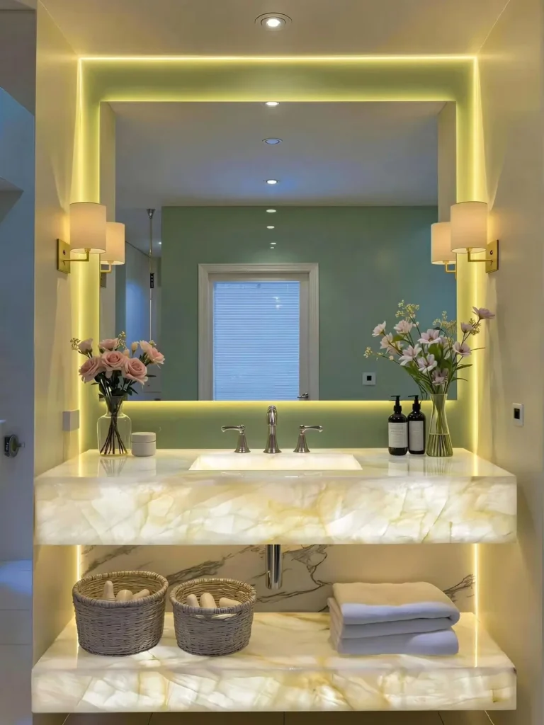 Elegant bathroom vanity with pink floral arrangements on both sides of the sink, dark soap bottles, and a glowing round mirror.