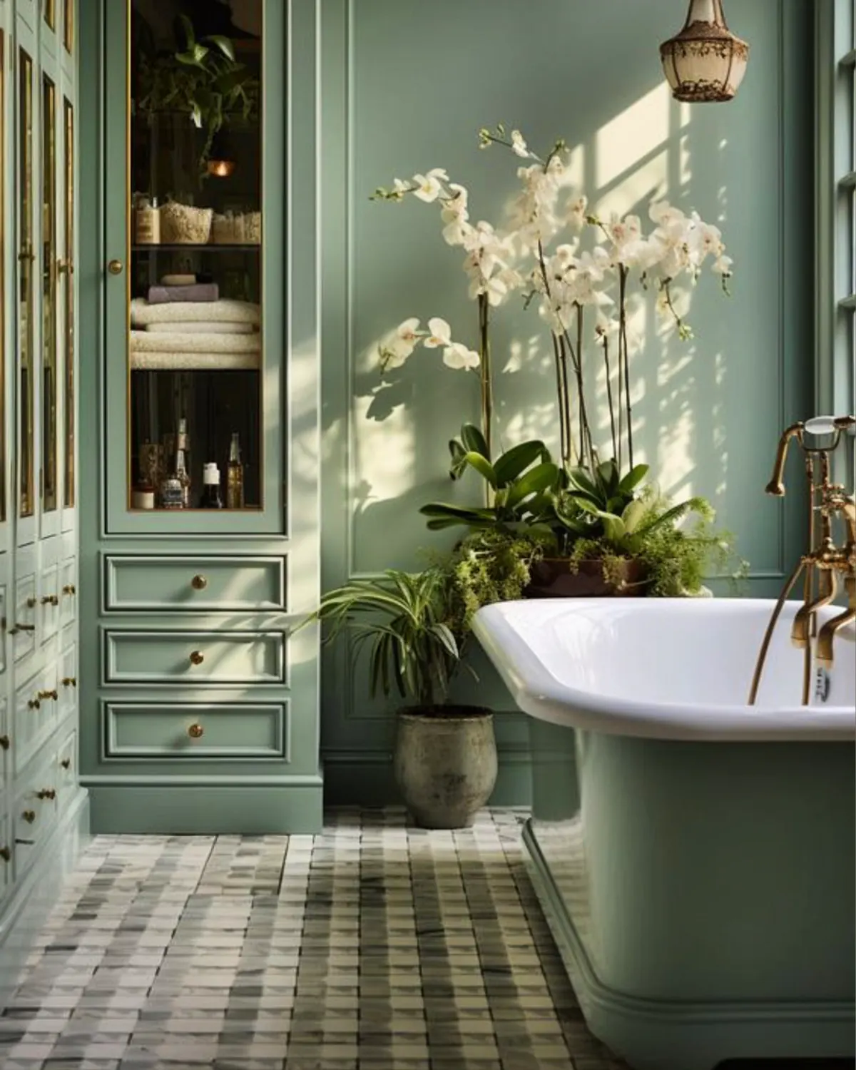 Moody forest green bathroom with matching shower tile, black-framed glass enclosure, wooden vanity and checkerboard flooring