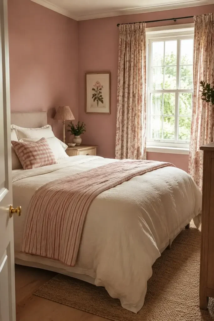Cozy bedroom mixing pink floral curtains, striped bedding, checked cushions, and warm neutral furniture.